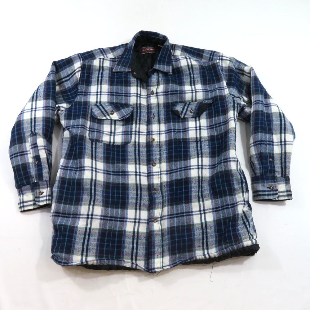 Northcrest Insulated Flannel Shirt Jacket Quilt-Lined Blue-White Plaid  M 1990s